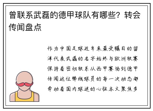 曾联系武磊的德甲球队有哪些？转会传闻盘点